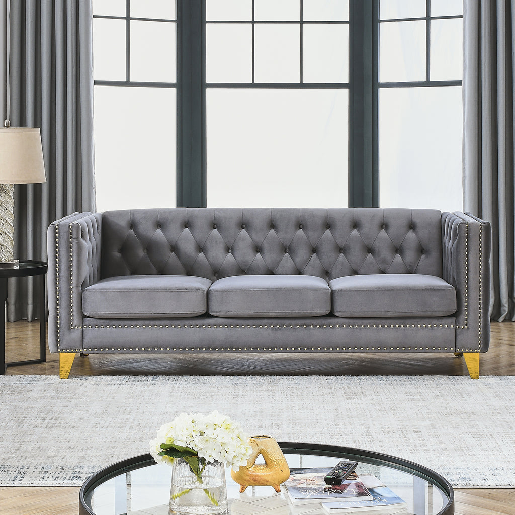80.5-inch grey velvet Chesterfield sofa — angle view