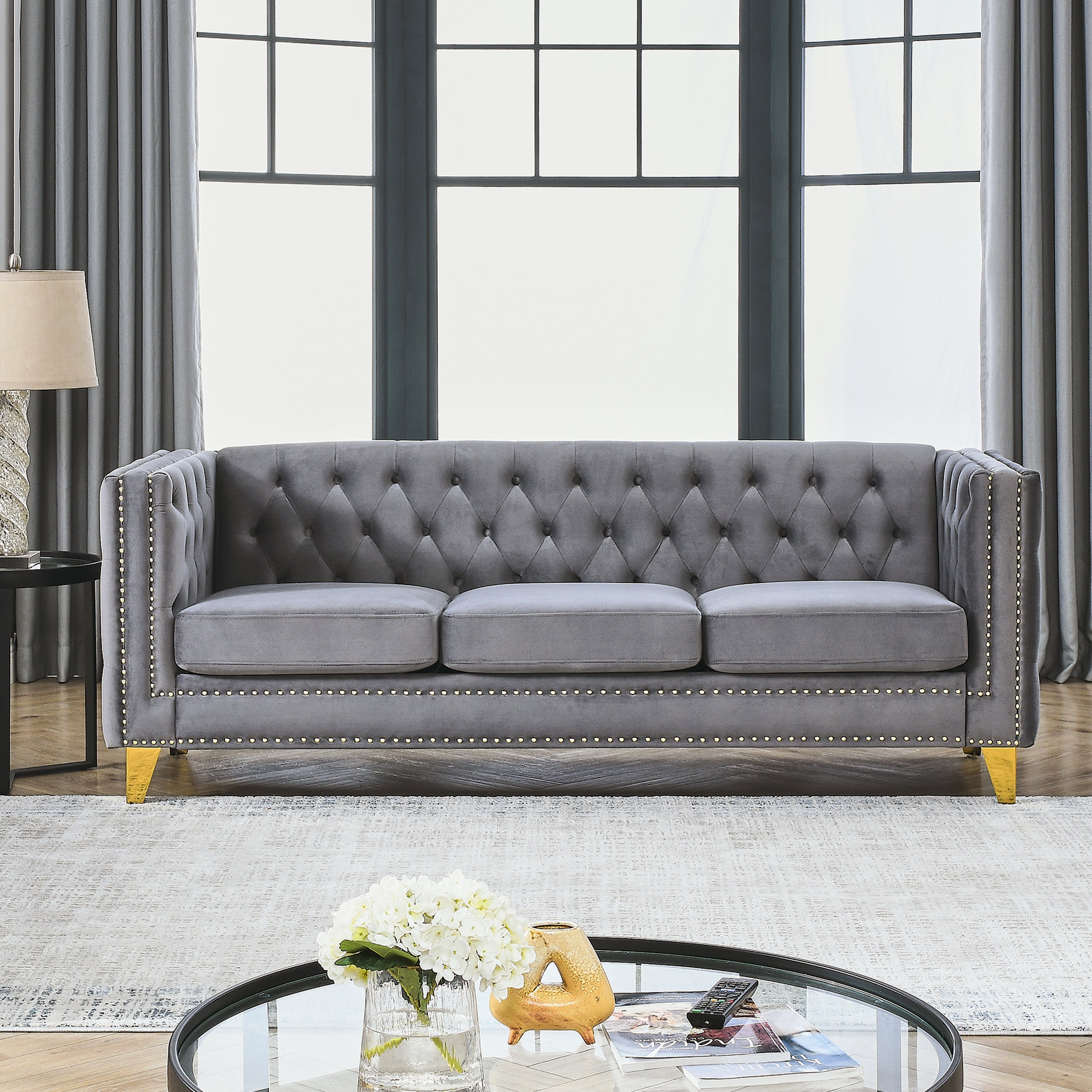 80.5-inch grey velvet Chesterfield sofa — angle view