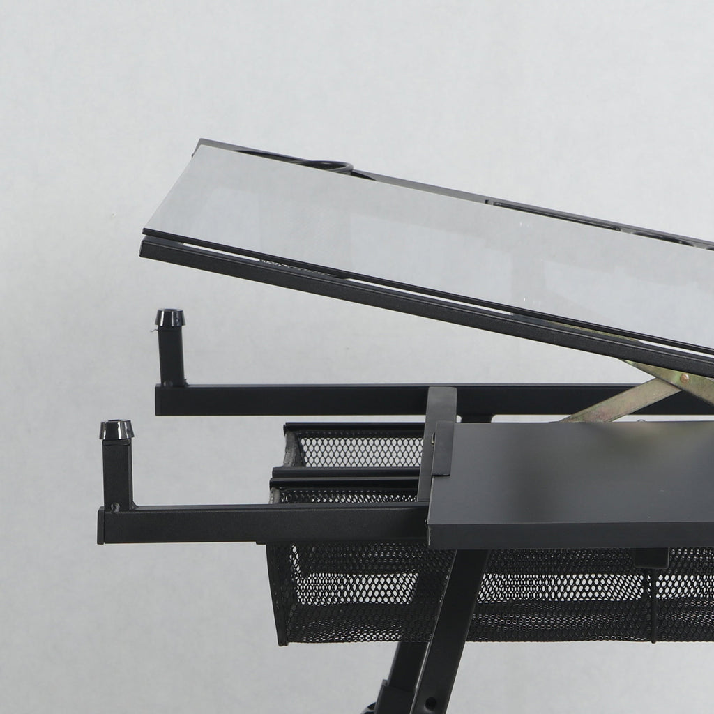Adjustable Glass Drafting Table with Metal Drawers & Stool