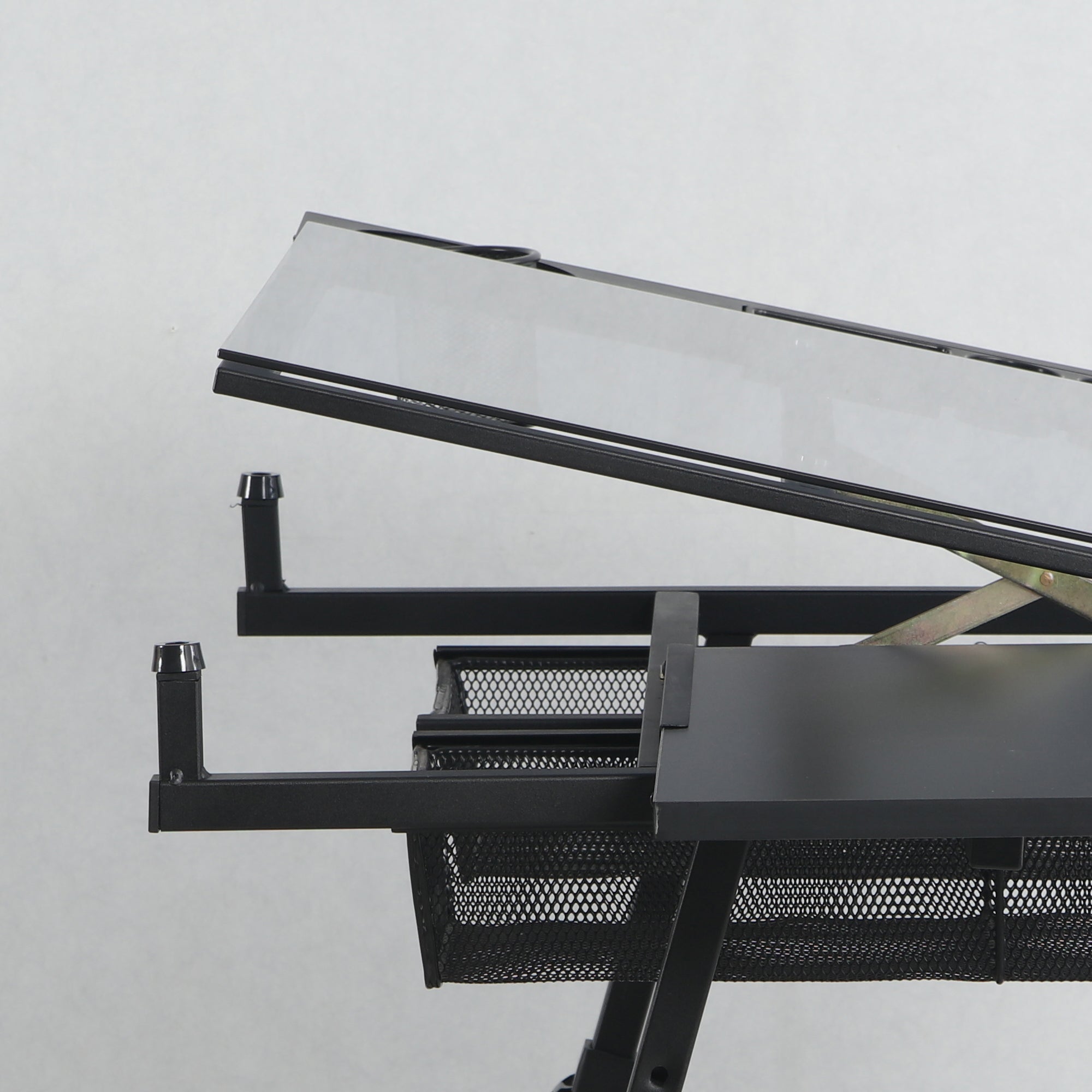 Adjustable Glass Drafting Table with Metal Drawers & Stool