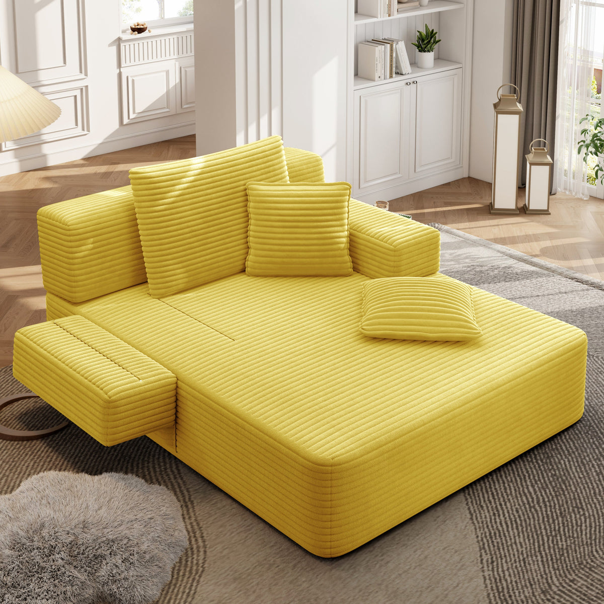 Oversized Plush Corduroy Chaise Lounge Sofa Bed,Convertible Sleeper Couch Bed w/ Storage Pockets,3 Soft Pillows,Multi-Functional Frameless Sofa Couch for Apartment,Home Theater,Guest Room,Beige&White