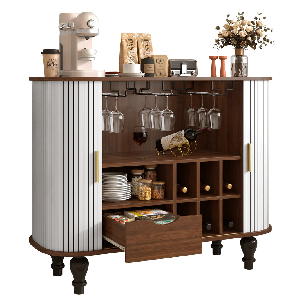 39' Fluted Liquor & Coffee Bar Cabinet with 6 Wine Racks and 3 Glass Holders, Mid-Century Modern Bar Cabinet with A Large Storage Drawer ,4 Hidden Storage Space on the Side , Black