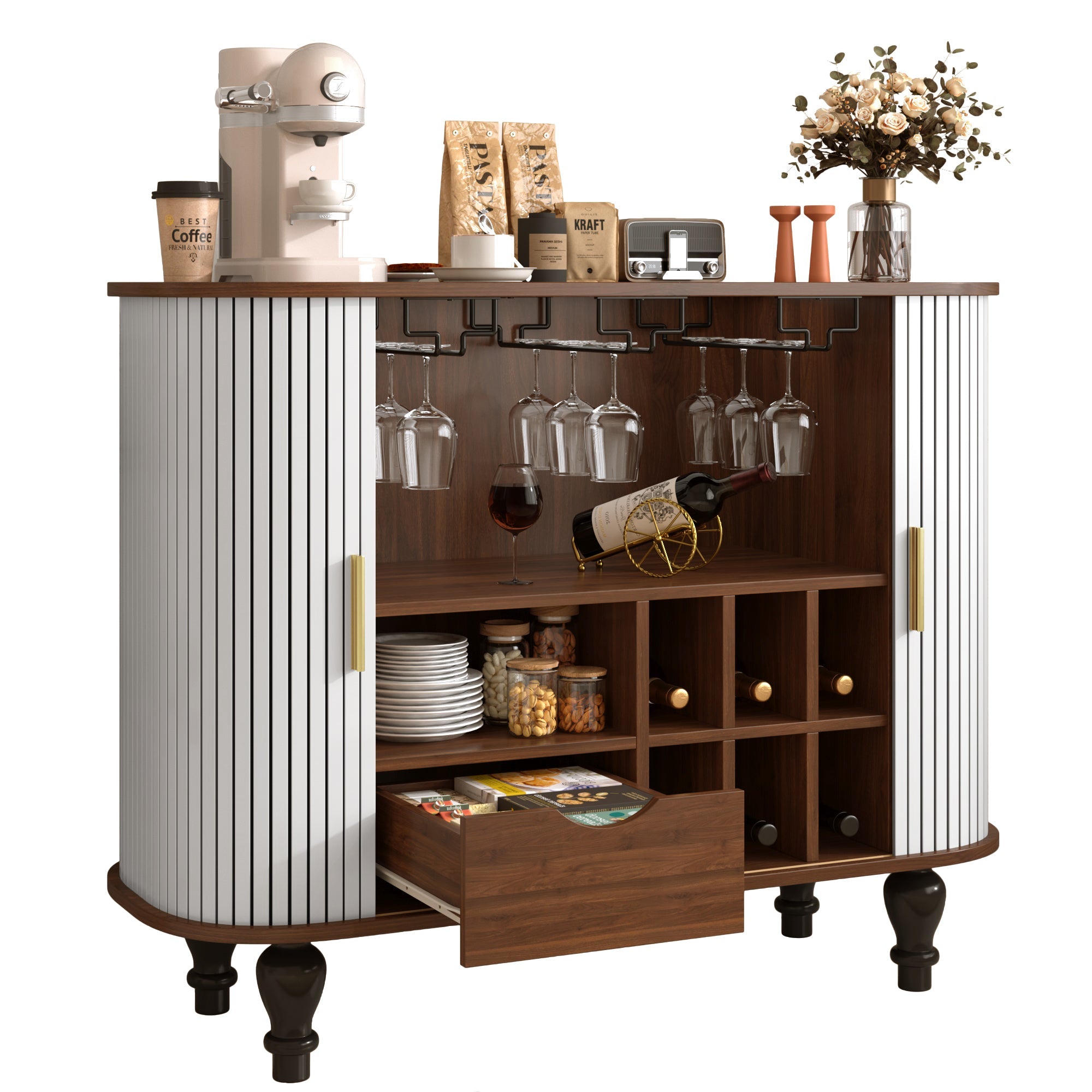 39' Fluted Liquor & Coffee Bar Cabinet with 6 Wine Racks and 3 Glass Holders, Mid-Century Modern Bar Cabinet with A Large Storage Drawer ,4 Hidden Storage Space on the Side , Black