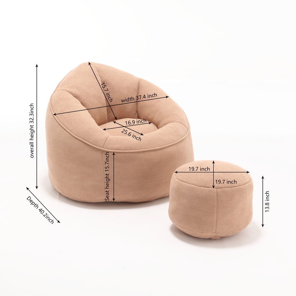 Tan microfiber bean bag chair in bedroom setting