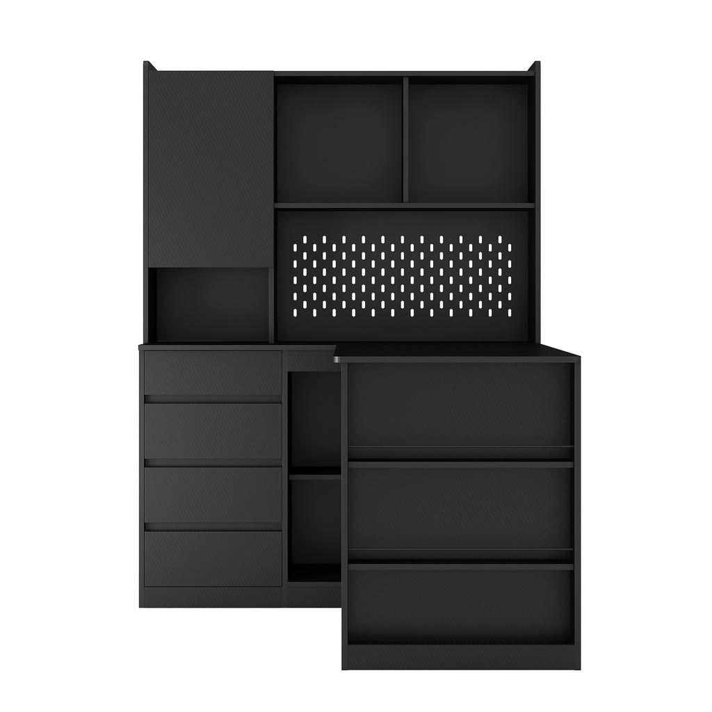 Bookshelf shelving on black corner desk tower