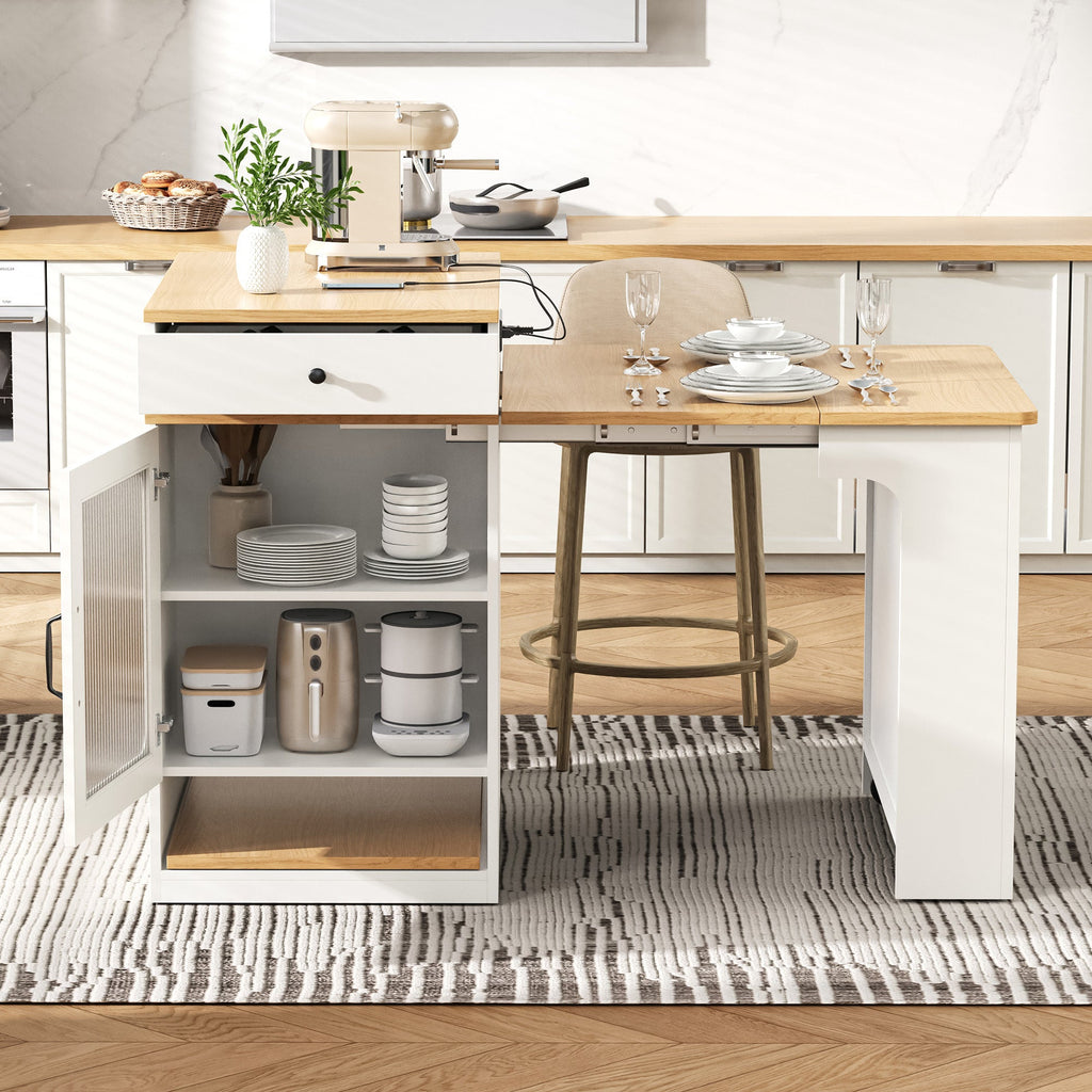 K&K 59.5' Kitchen Island with Extendable Dining Table, Kitchen Storage Table with Double-sided Storage, Kitchen Island with 2 Drawers, Power Outlet, Side Open Shelves, for Kitchen, Dining Room, Black