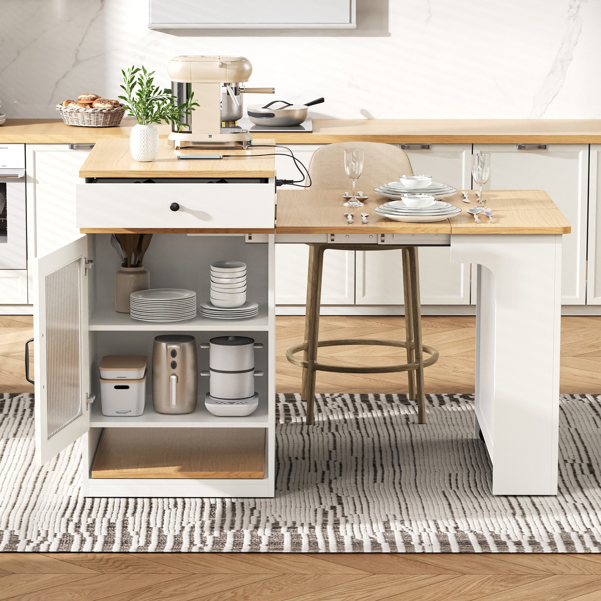 K&K 59.5' Kitchen Island with Extendable Dining Table, Kitchen Storage Table with Double-sided Storage, Kitchen Island with 2 Drawers, Power Outlet, Side Open Shelves, for Kitchen, Dining Room, Black
