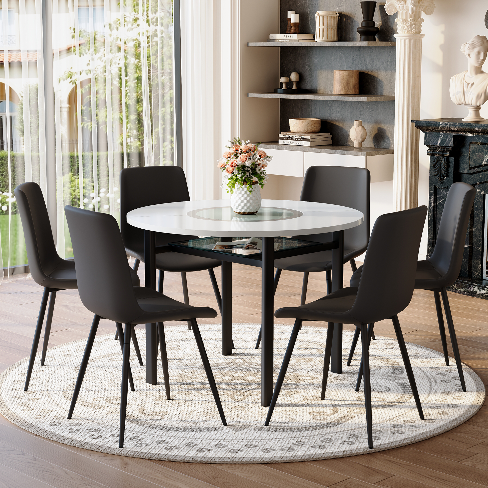 Table and chair set.42 inch modern minimalist white desktop round dining table set.Paired with 6 Black Artificial PU Chairs With Curved Widened Cushion Design. Suitable for dining rooms,office,etc.