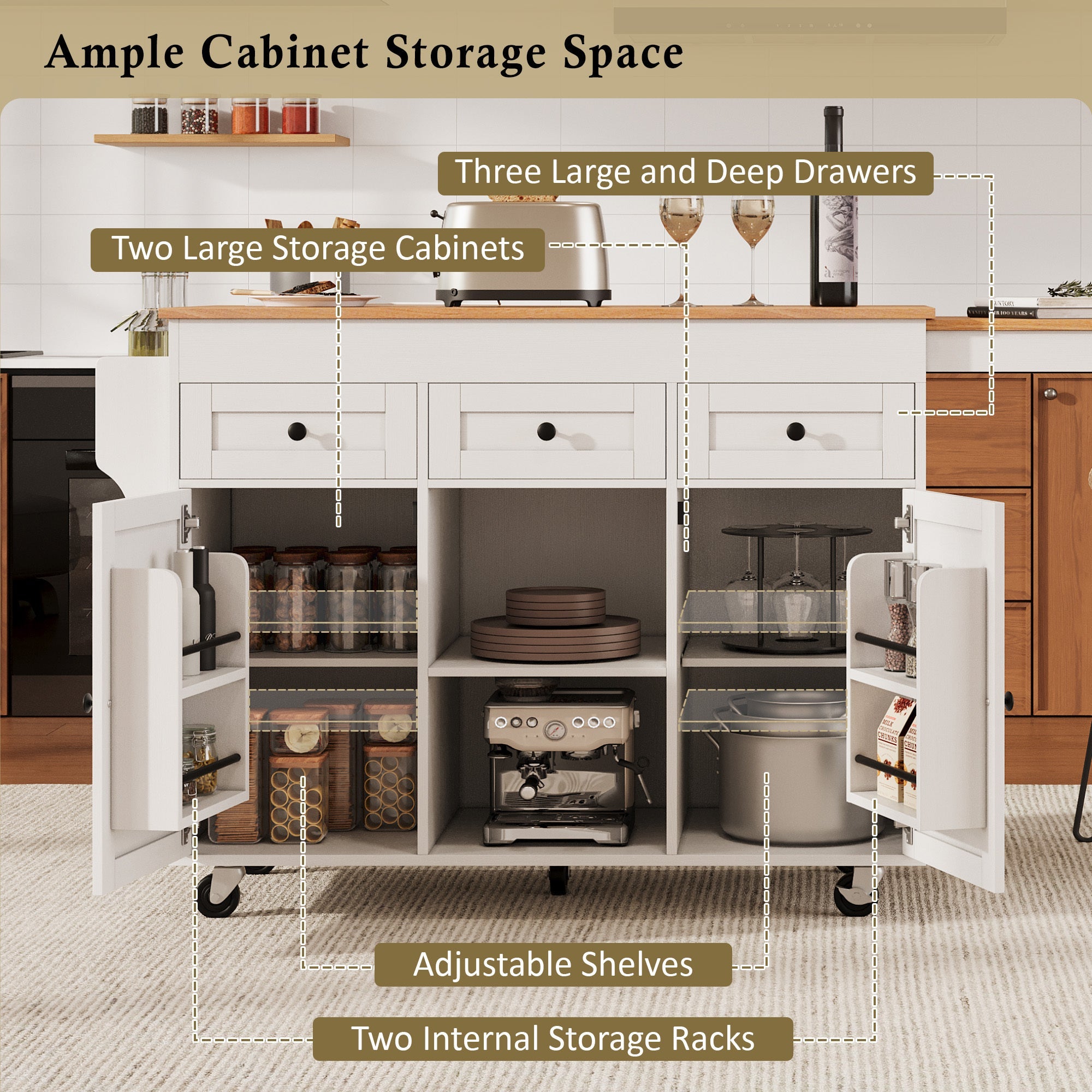 K&K 85.5' Kitchen Island with Extendable Dining Table, Kitchen Storage Table with 3 Side Open Shelves, Rolling Kitchen Island with Power Outlet, 3 Drawers, 2 Doors, for Kitchen, Dining Room, Black