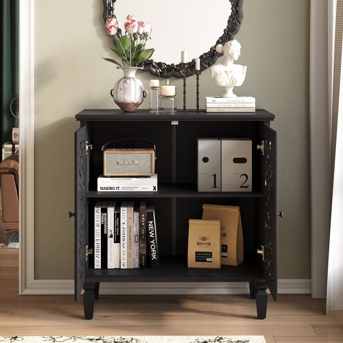 Vintage Hollow-Carved Accent Cabinet, 2-Door Display Storage Sideboard with Symmetrical Floral Design, Adjustable Shelf and Solid Wood Legs for Living Room Entryway(Antique Green)