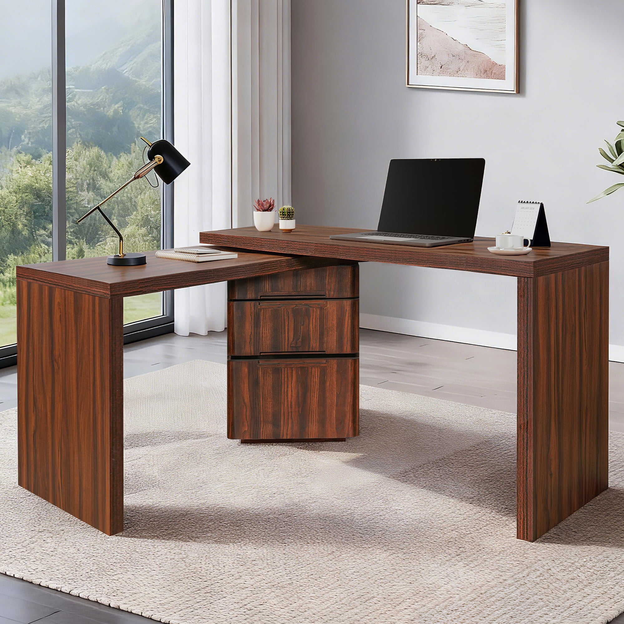 Walnut veneer MDF desktop surface close-up
