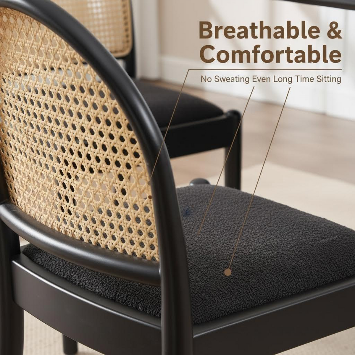 Rattan Dining Chairs Set of 2, Upholstered Linen Dining Room Chairs with Backrests, Modern Kitchen Chairs with Wood Legs for Dining Room, Beige