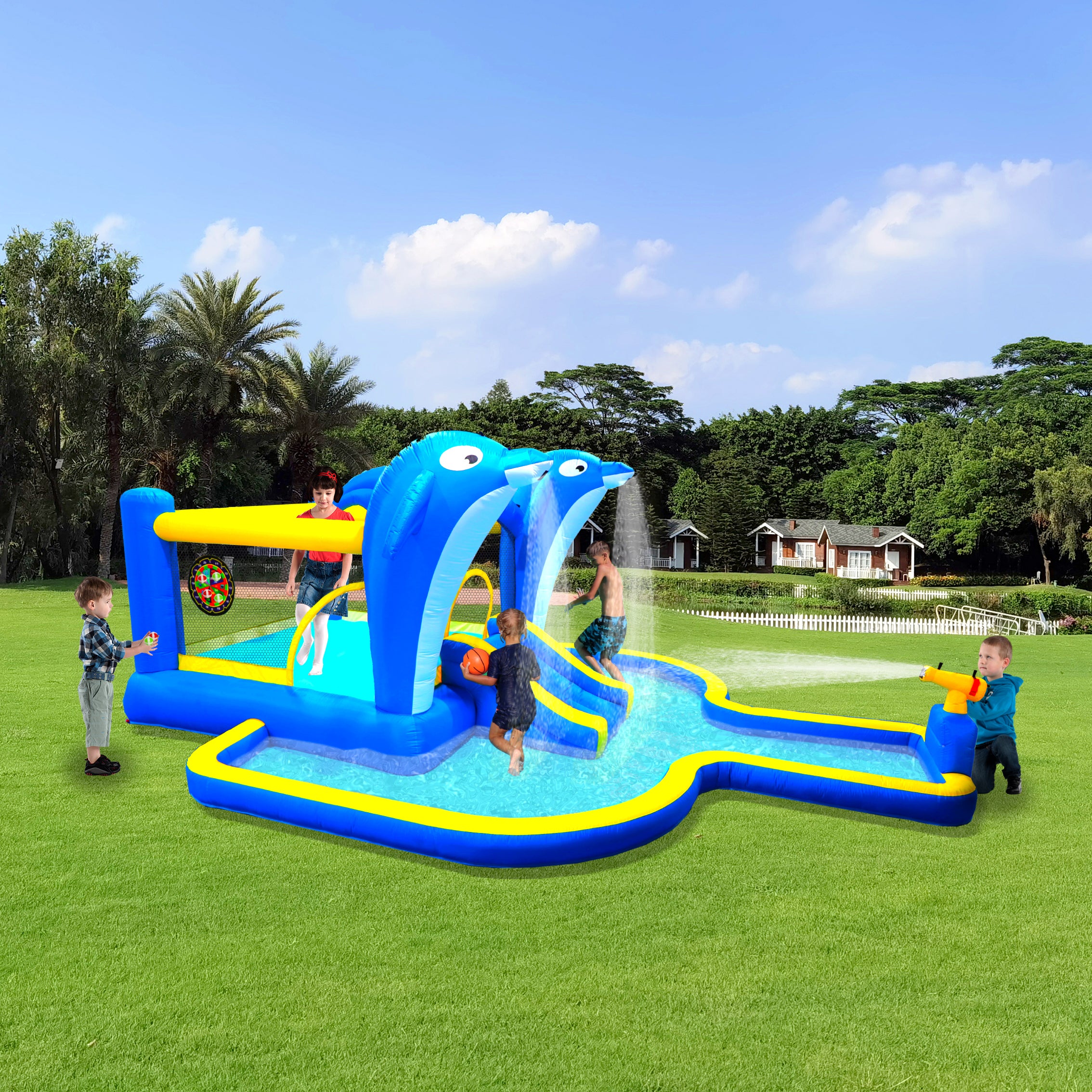 8-in-1 inflatable play center with air blower setup