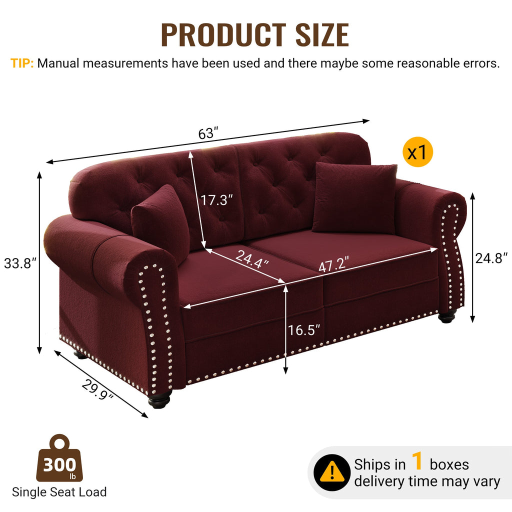 63'Upholstered Velvet Sofa with Nailhead Trim and Rolled Armrests,Mid-Century Modern Chesterfield Sofa with Button Tufted,Includes 2 Pillows,Beige/White