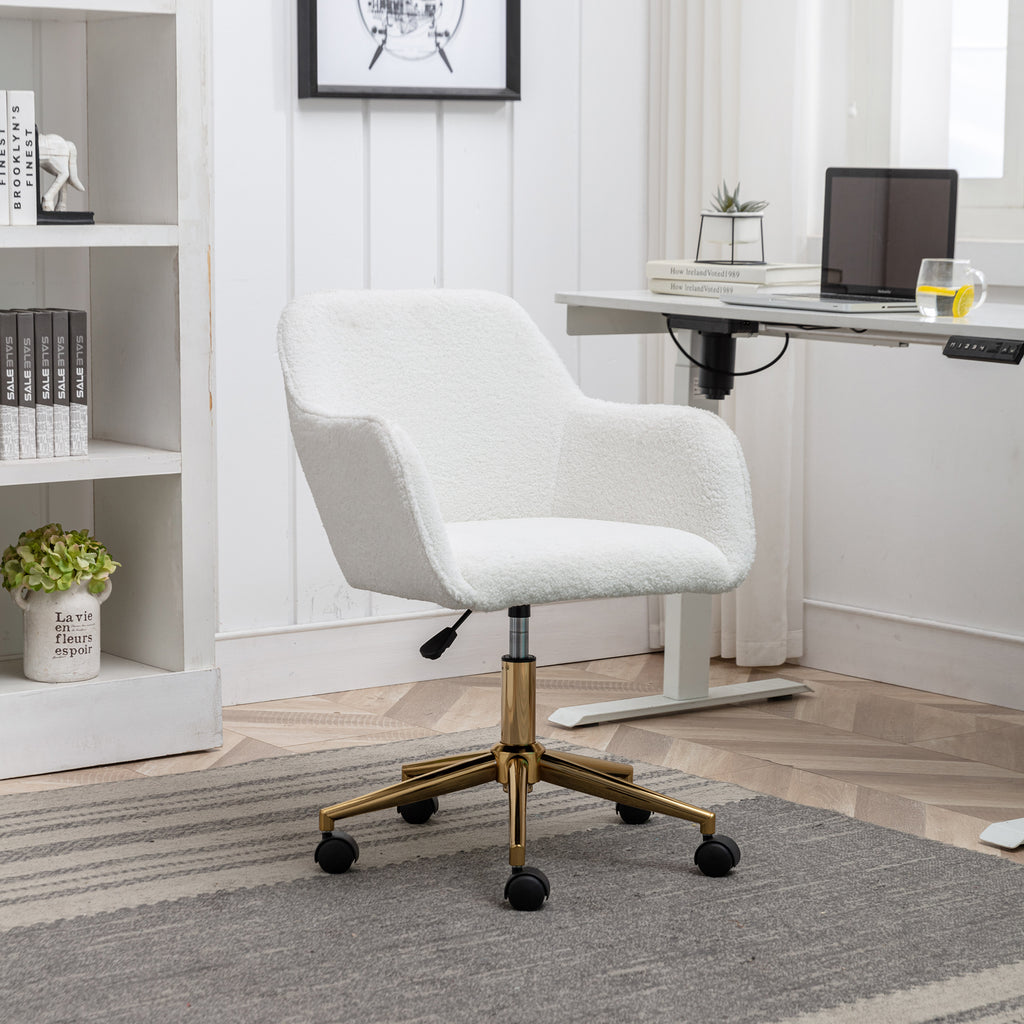 White teddy office chair side profile with 360° wheels