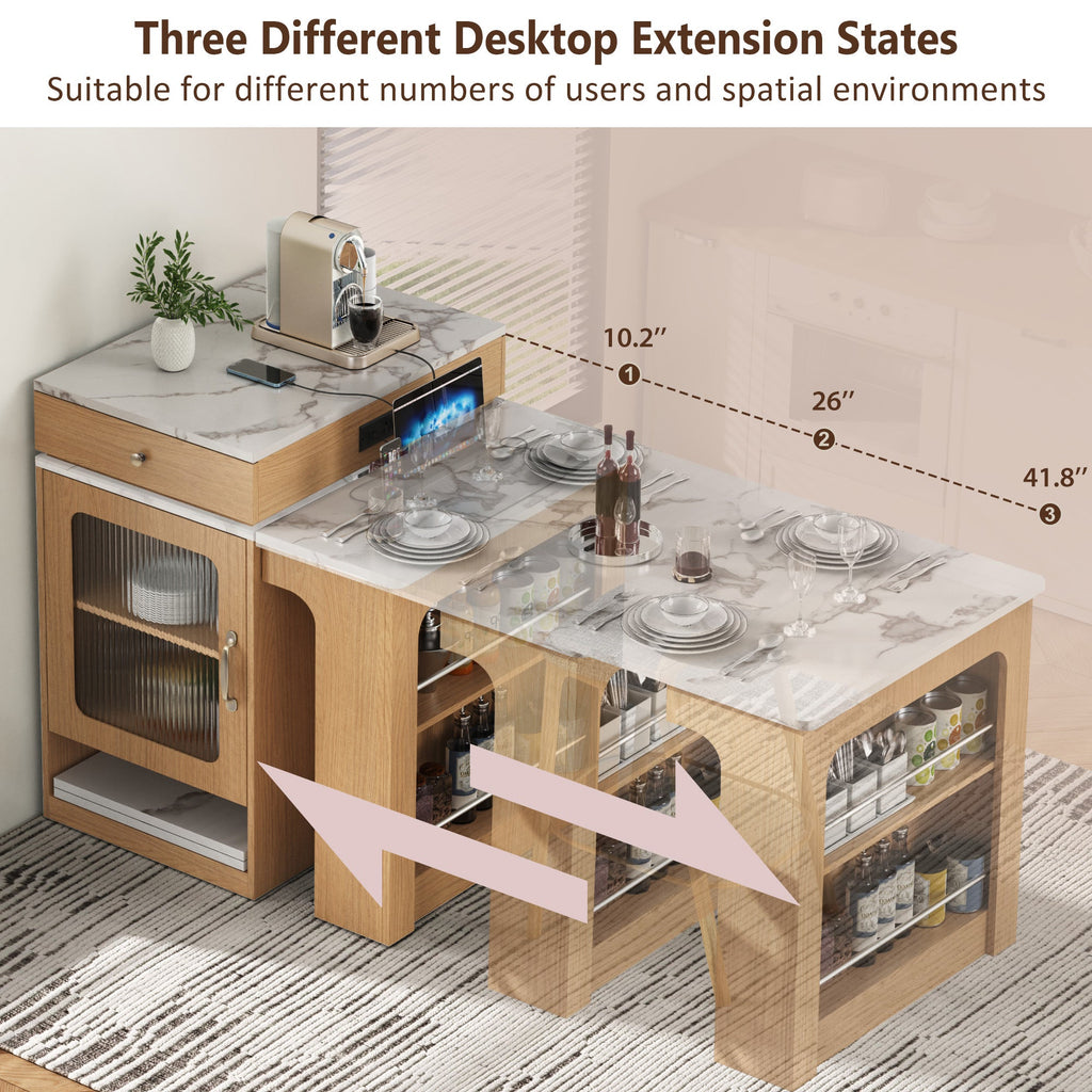 K&K 59.5' Kitchen Island with Extendable Dining Table, Kitchen Storage Table with Double-sided Storage, Kitchen Island with 2 Drawers, Power Outlet, Side Open Shelves, for Kitchen, Dining Room, Black