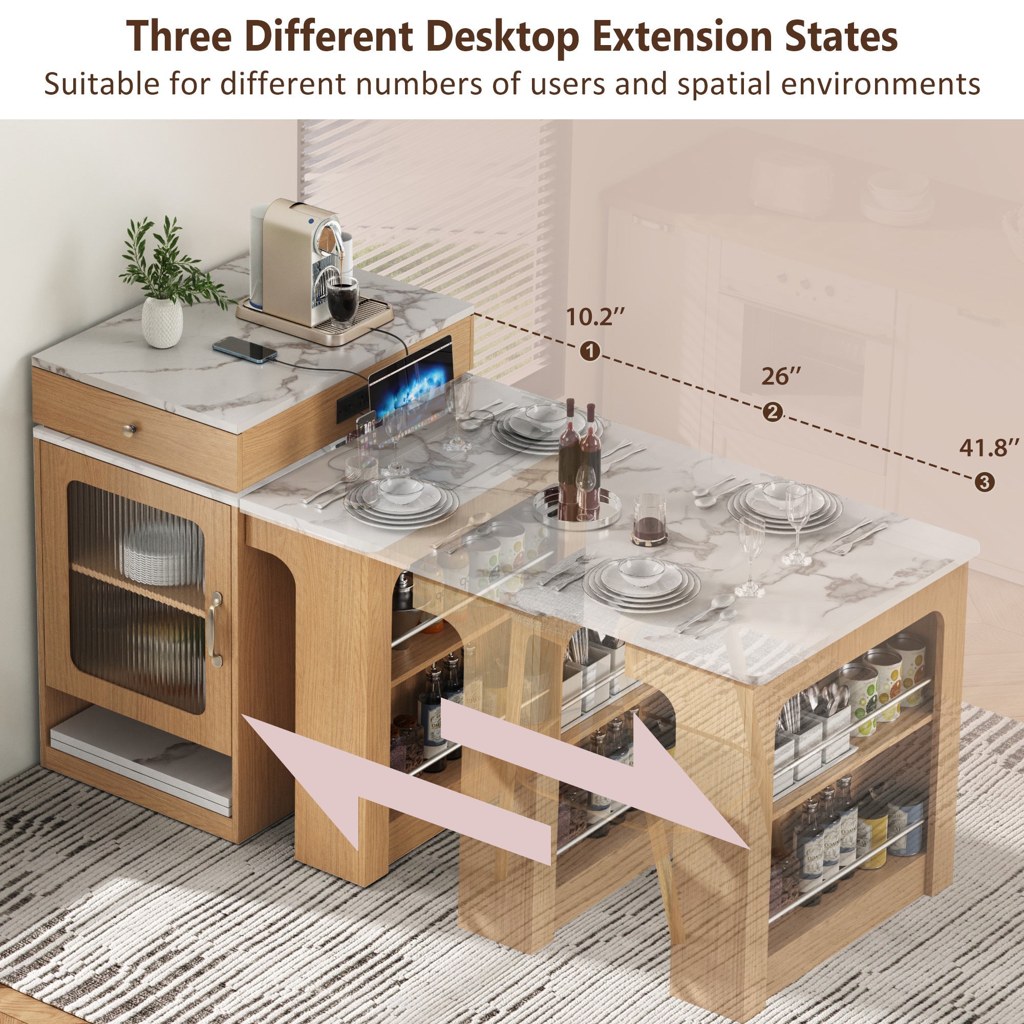K&K 59.5' Kitchen Island with Extendable Dining Table, Kitchen Storage Table with Double-sided Storage, Kitchen Island with 2 Drawers, Power Outlet, Side Open Shelves, for Kitchen, Dining Room, Black