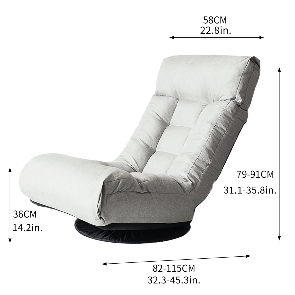 Reclining floor chair gray linen cushion close-up