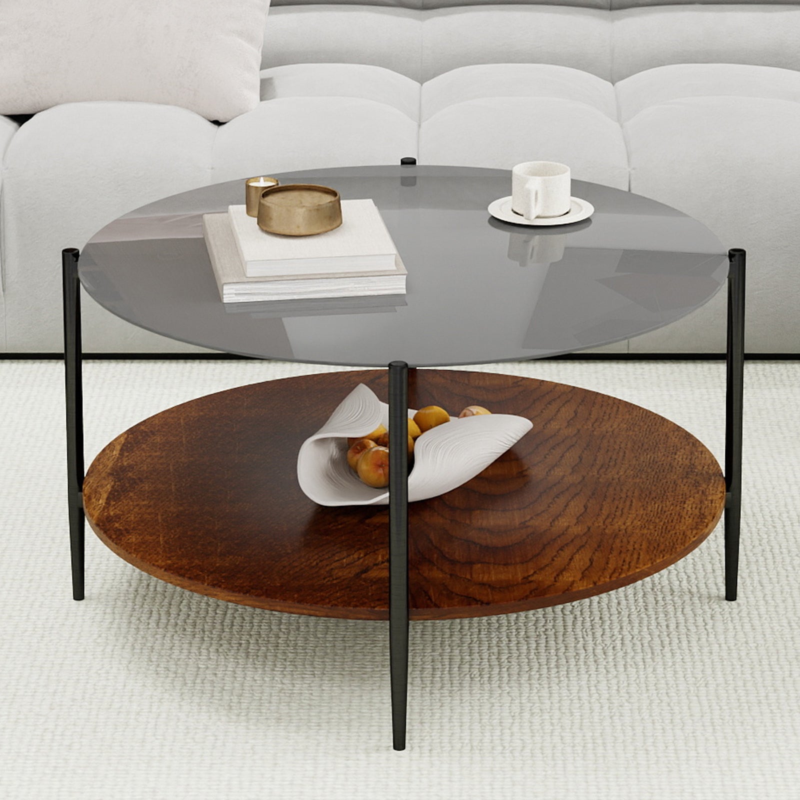 Black round coffee table tempered glass top walnut storage shelf — front view