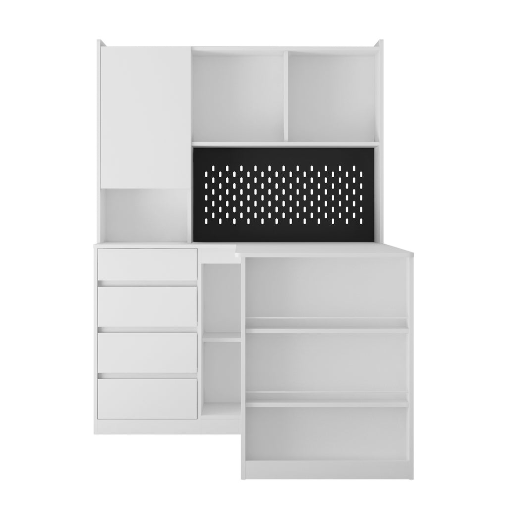 Bookshelf shelving on white corner desk tower