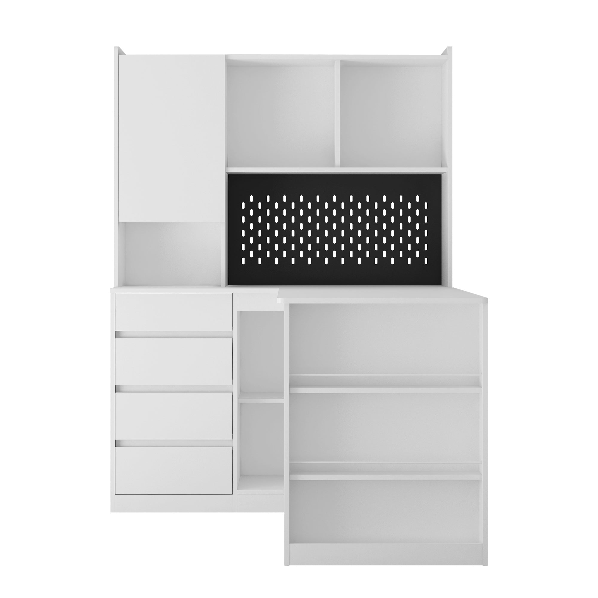 L-Shaped Desk with Bookshelf, Charging Station, Drawers & LED Light