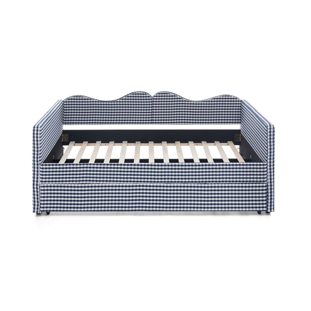 Full‑Size Daybed,Gingham Upholstered Daybed Equipped with Pull-Out Trundle Bed Frame & Side Storage Pocket, Solid Wood Frame Multi-Functional Sofa Bed for Kids Room & Guest Bedroom-PINK