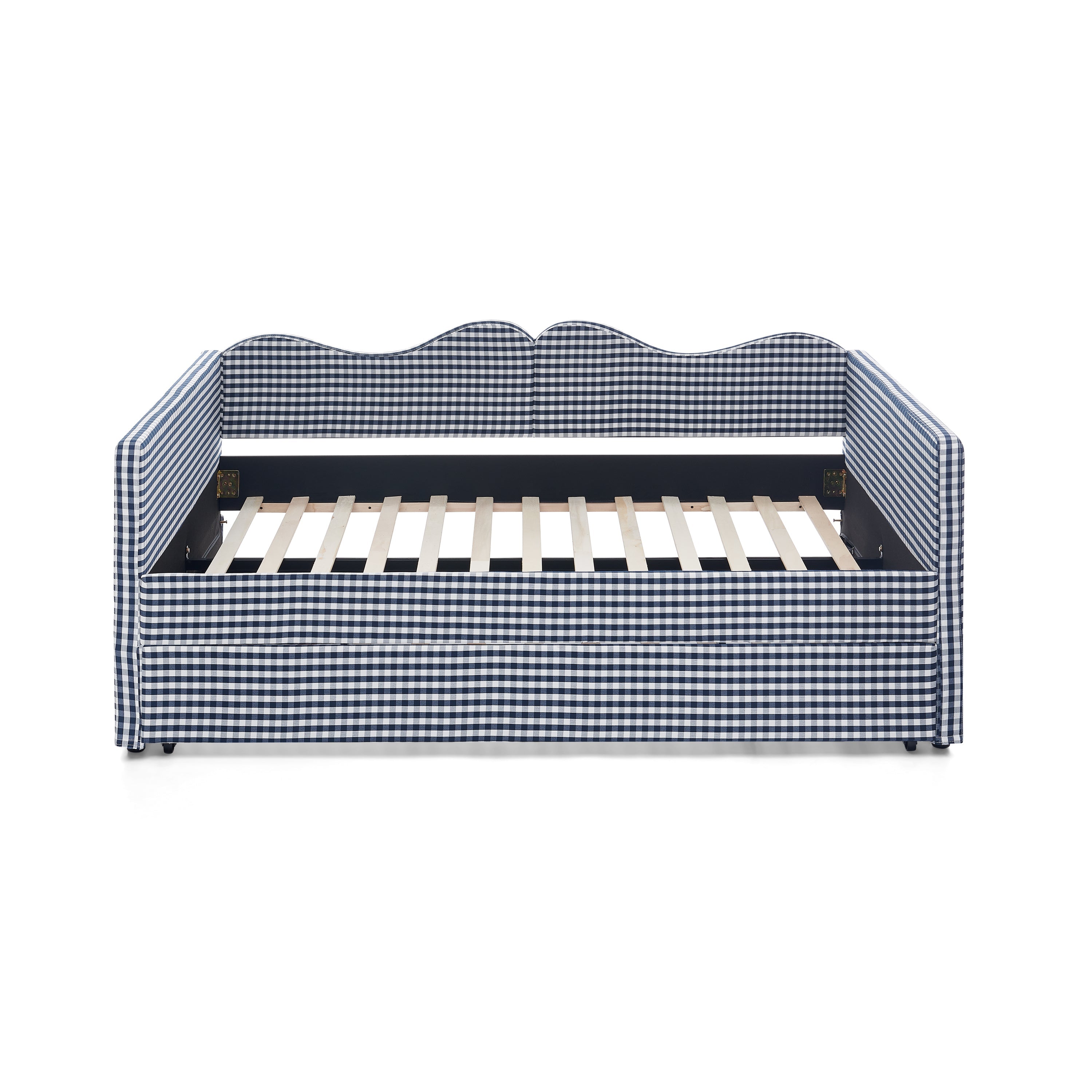Full‑Size Daybed,Gingham Upholstered Daybed Equipped with Pull-Out Trundle Bed Frame & Side Storage Pocket, Solid Wood Frame Multi-Functional Sofa Bed for Kids Room & Guest Bedroom-PINK