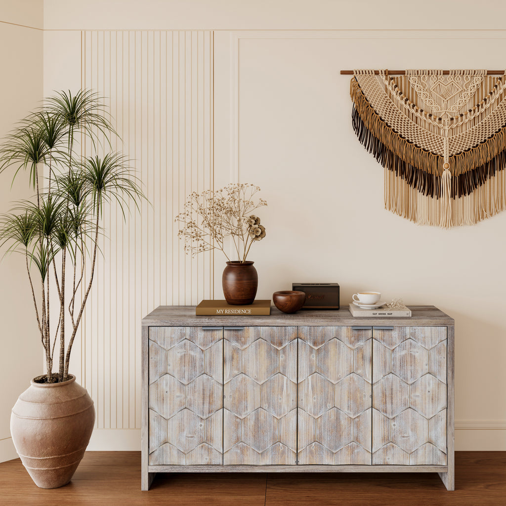 Natural wood sideboard hexagonal door panels detail