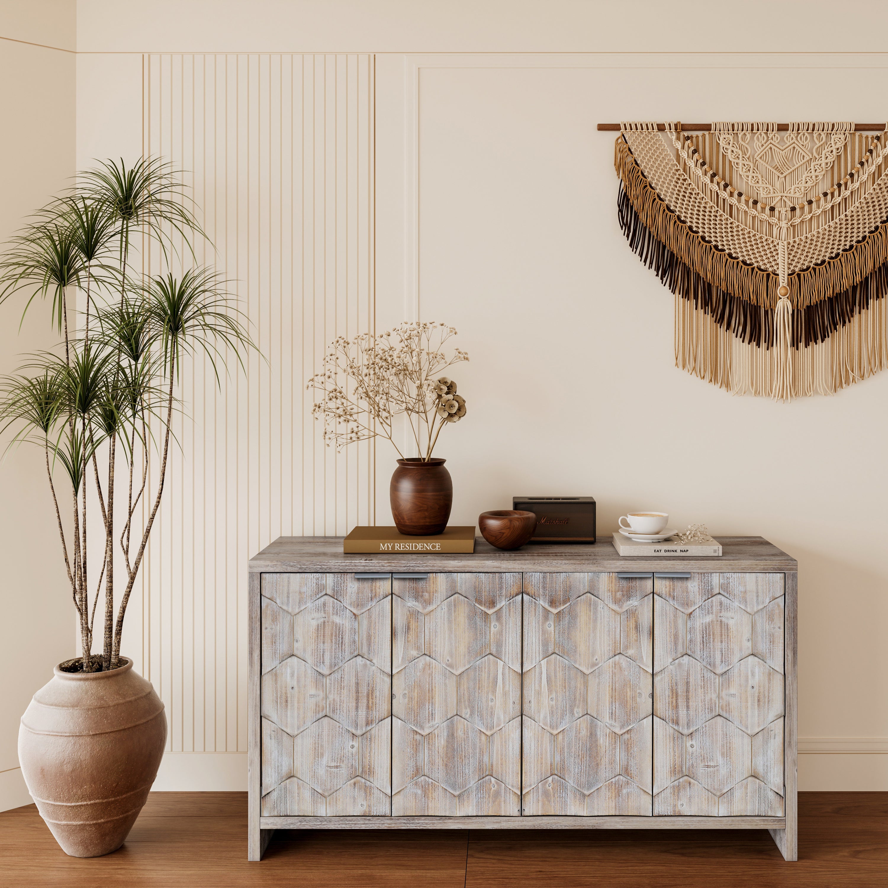 Natural wood sideboard hexagonal door panels detail