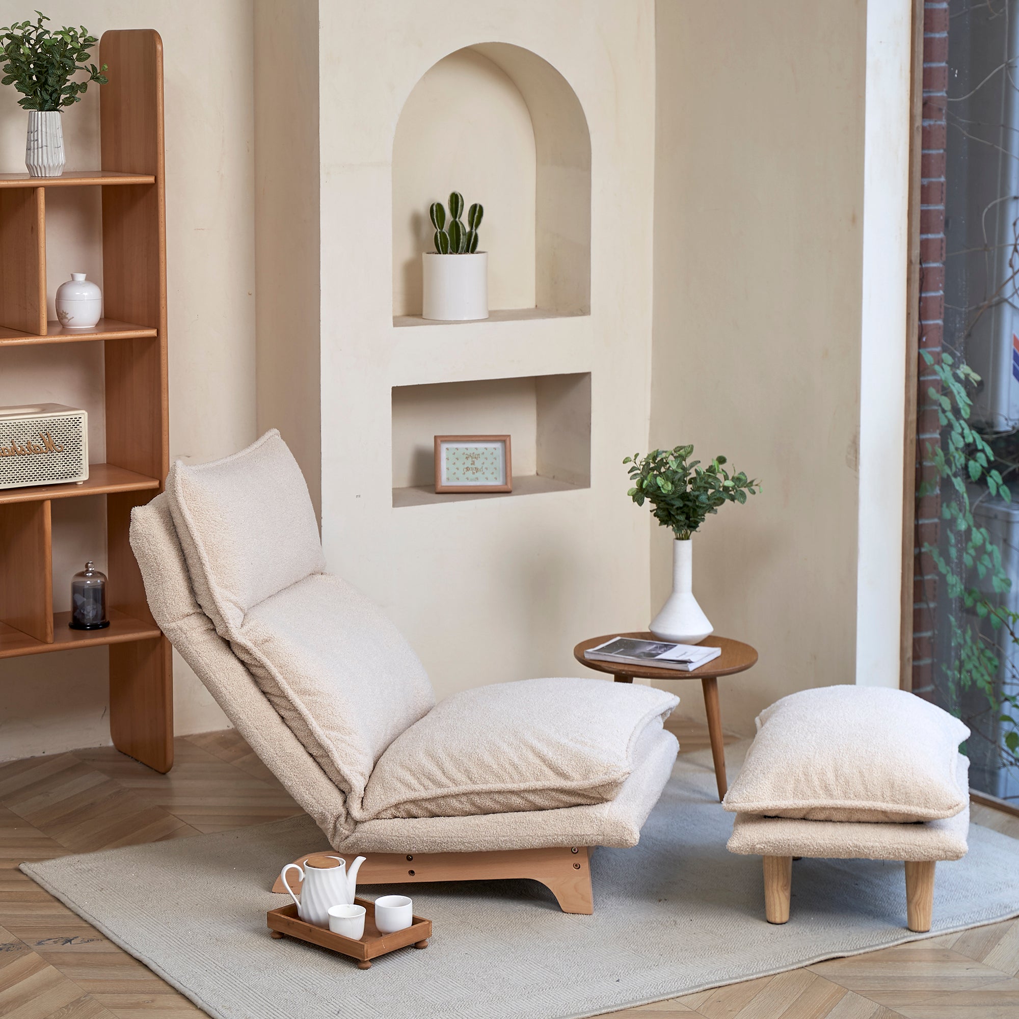 Beige floor chair in bedroom setting