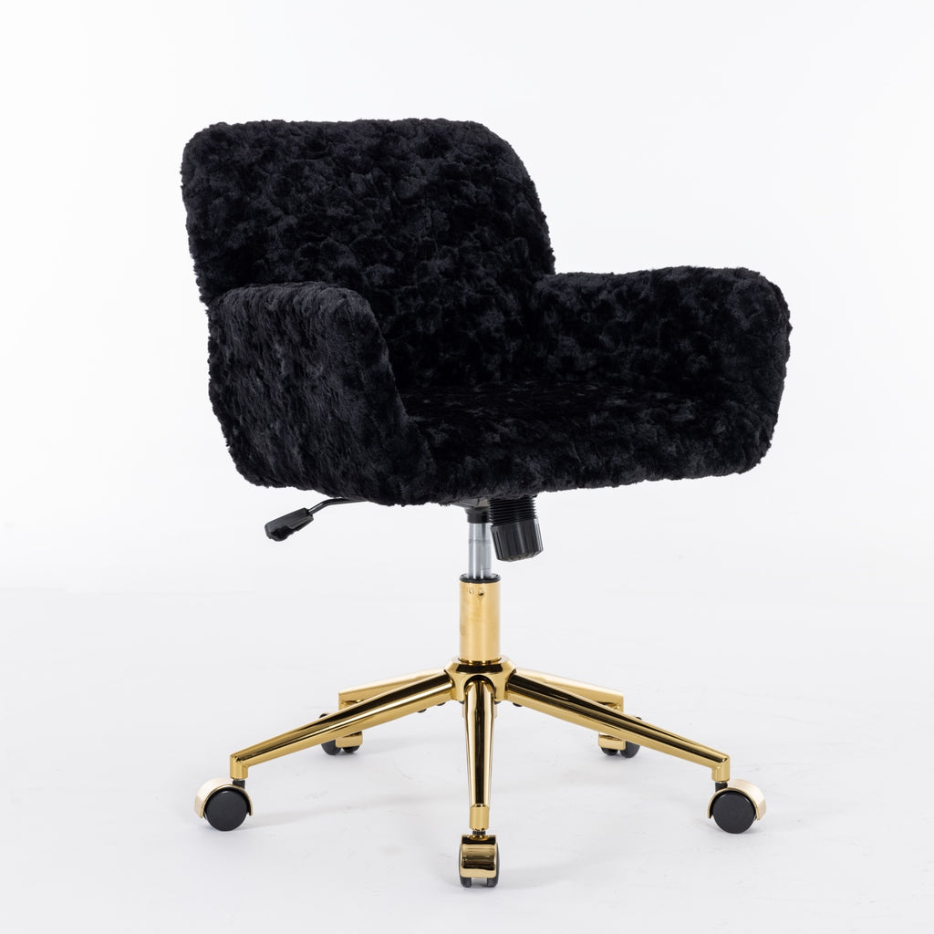 Black faux fur office chair angle view with swivel base