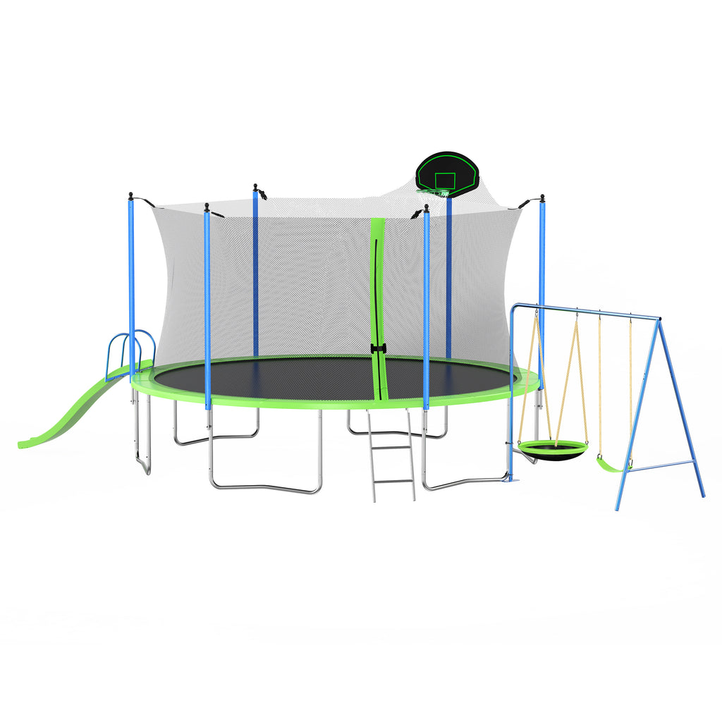 Backyard kids trampoline with slide and swing side profile