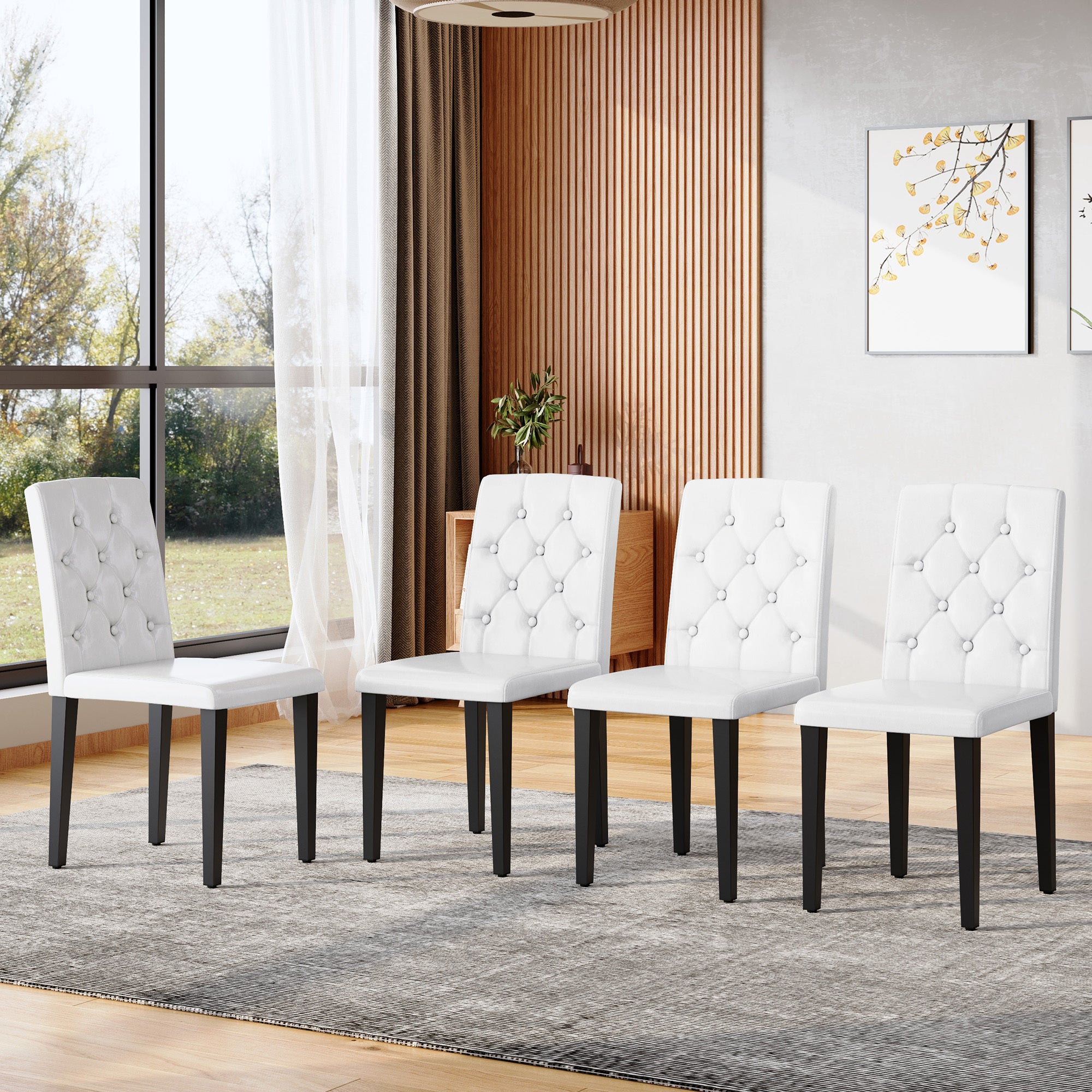 4-pack white PU dining chairs: ergonomic buckle backrest, 35 inches high, black metal legs,Combines Comfort and Texture.Perfectly suitable for family dining rooms, hotel banquet halls,etc.W1151P295718