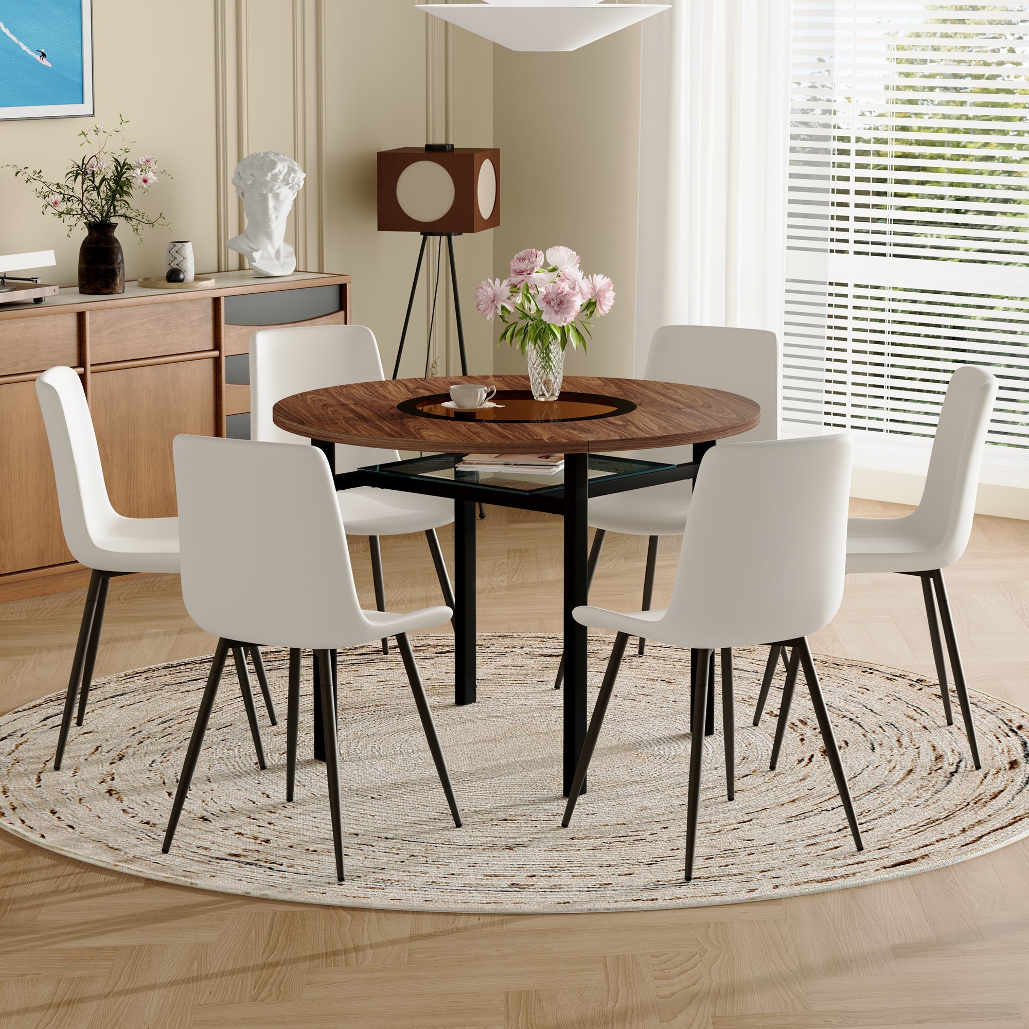 Table and chair set.42 inch modern minimalist brown wood grain round dining table set.Paired with 6 Black Artificial PU Chairs With Curved Widened Cushion Design. Suitable for dining rooms,office,etc.