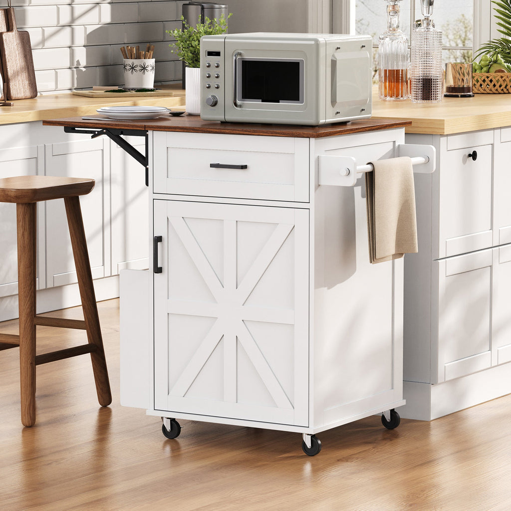 K&K 39.3' Farmhouse Kitchen Island with Drop Leaf, Kitchen Storage Island with Open Side Rack, One Drawer, Towel Rack, Rolling Kitchen Cart with Lockable Wheels for Lawn Garden, Black