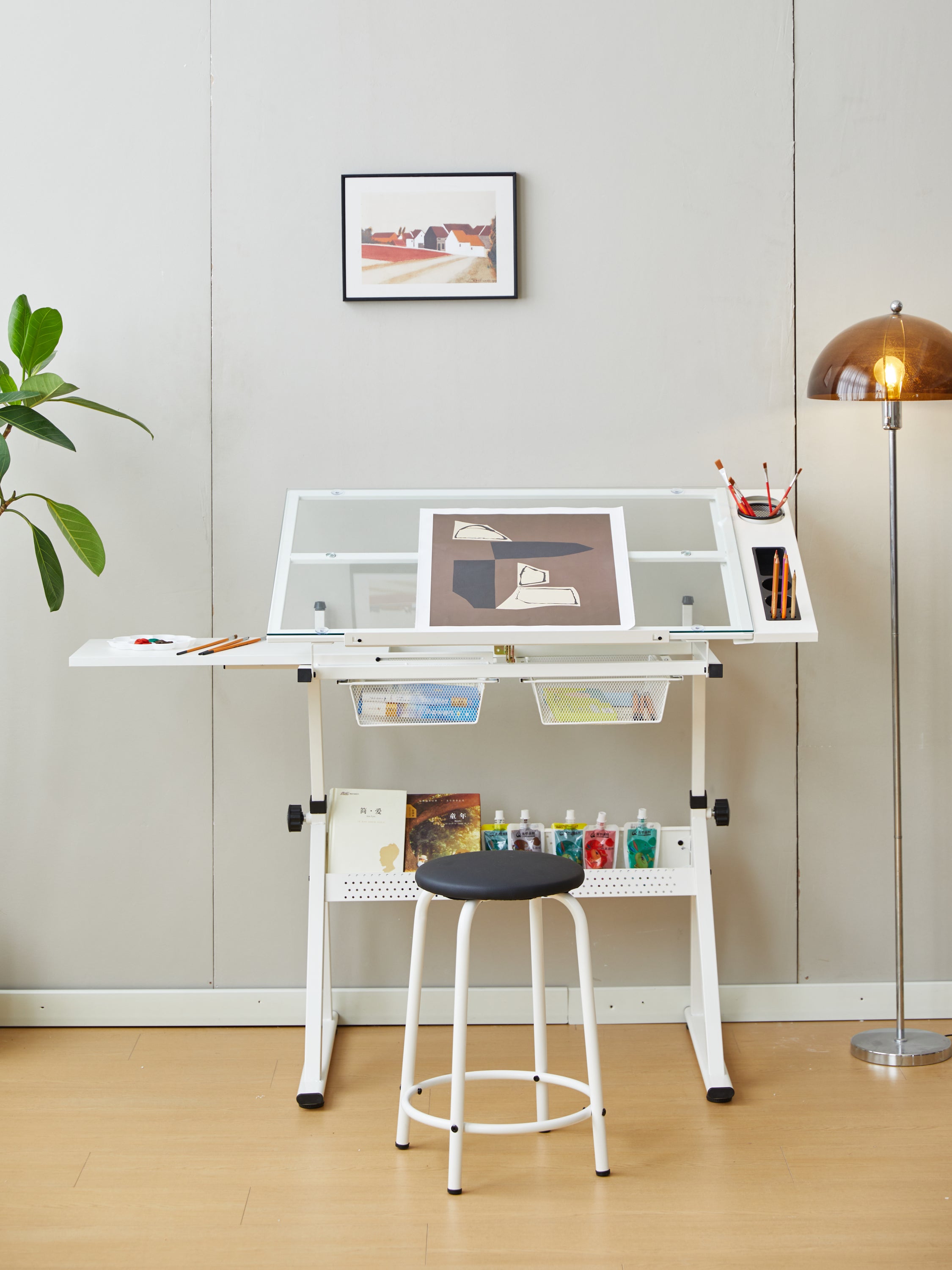 White drafting table with two metal drawers underneath