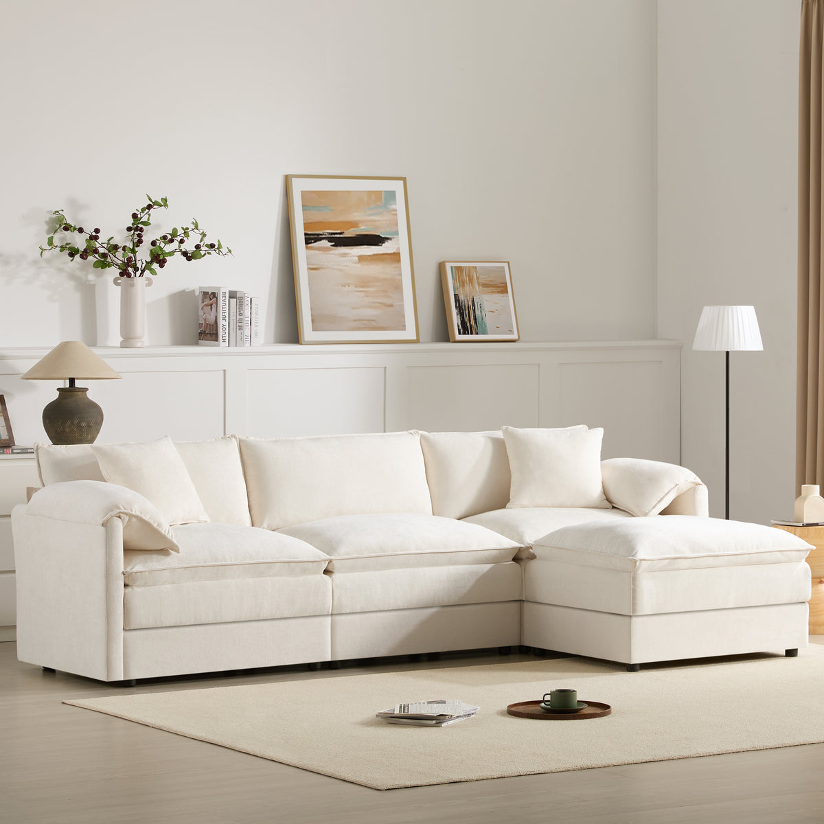 [NEW SKU of N723S0687W]103' Chenille Modular Sectional Sofa with Deep and Wide Seat, L Shaped Cloud Couch Set with Double Cushions, 4 Seat Sofa with Movable Ottoman, Oversized Indoor Furniture