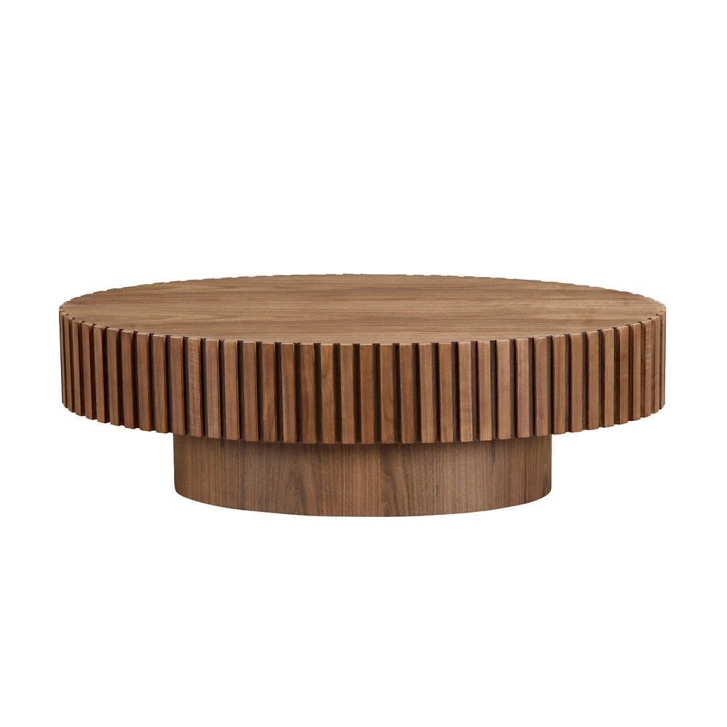Oval coffee table with sturdy pedestal base — top view