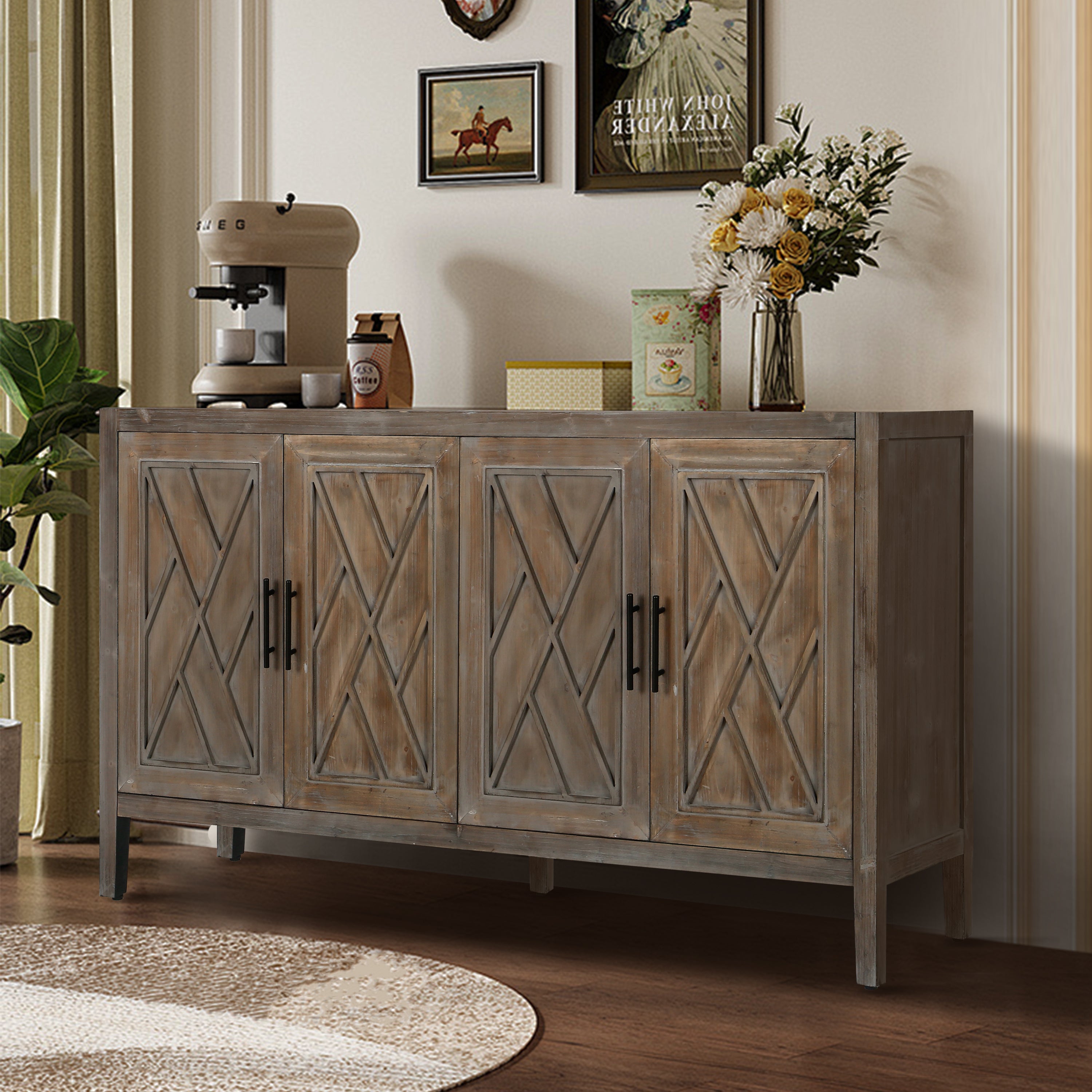 Antique brown farmhouse sideboard four doors — front view