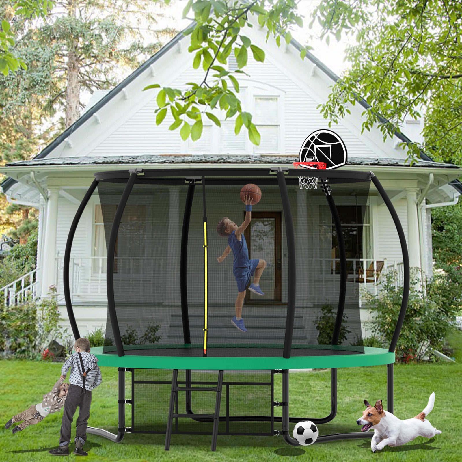 Green trampoline 3-compartment storage bag detail