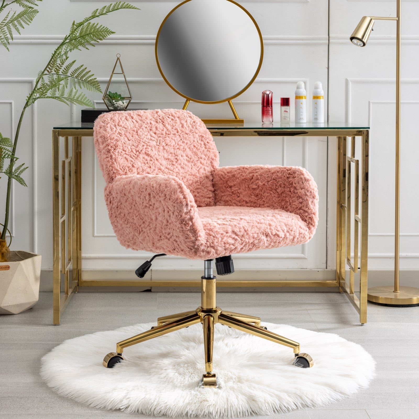 Faux Fur Office Chair — 40° Reclining with Gold Metal Base & Wheels