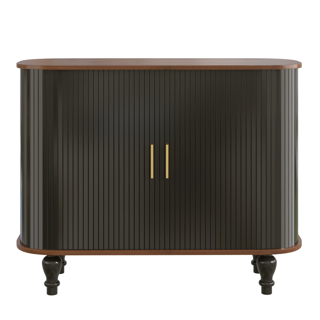 39' Fluted Liquor & Coffee Bar Cabinet with 6 Wine Racks and 3 Glass Holders, Mid-Century Modern Bar Cabinet with A Large Storage Drawer ,4 Hidden Storage Space on the Side , Black