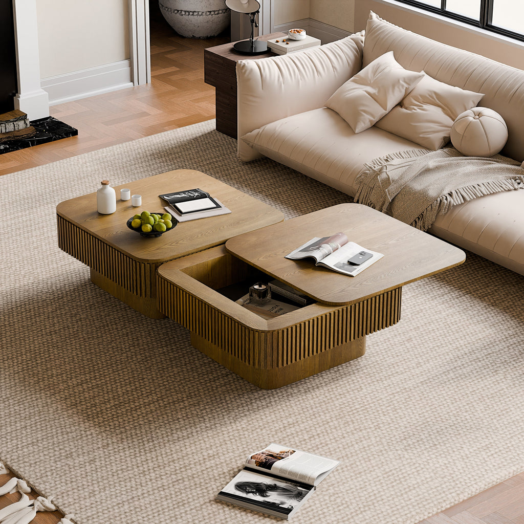31.5'' Square Coffee Table with Storage Solid Wood Veneered Modern Coffee Table Accent Tea Table for Living Room, Bedroom, Apartment or Office, Natural Wood