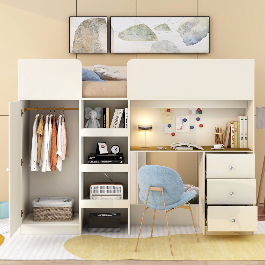 Full size loft bed upper bunk with guardrails