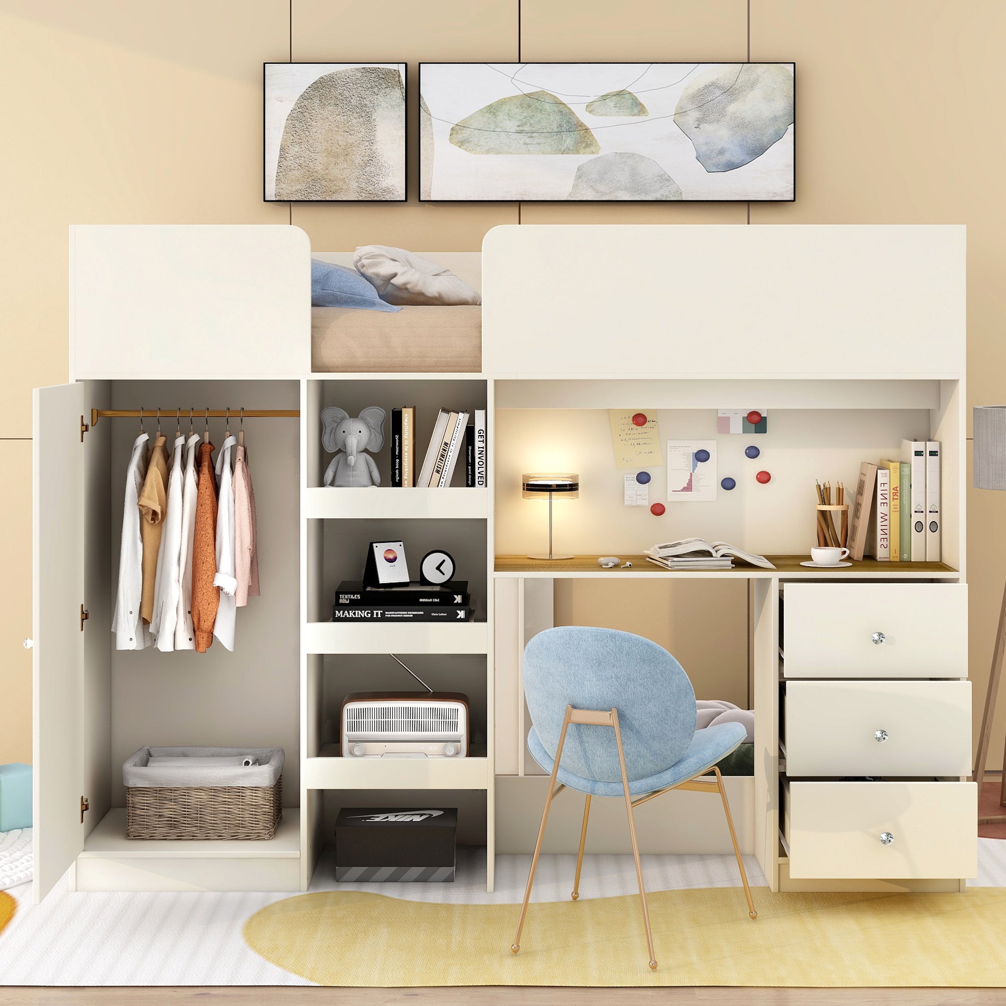 Full size loft bed upper bunk with guardrails