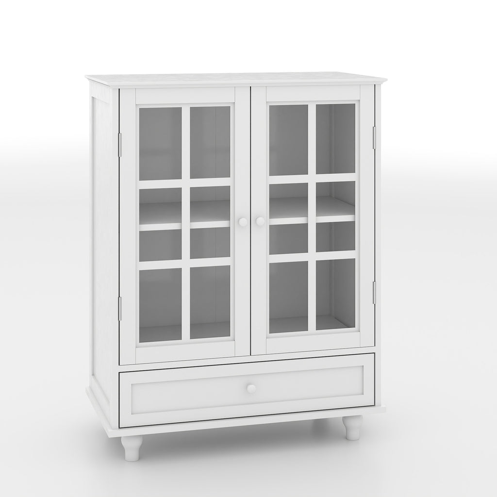 White minimalist buffet cabinet double glass doors — front view