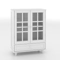 White minimalist buffet cabinet double glass doors — front view