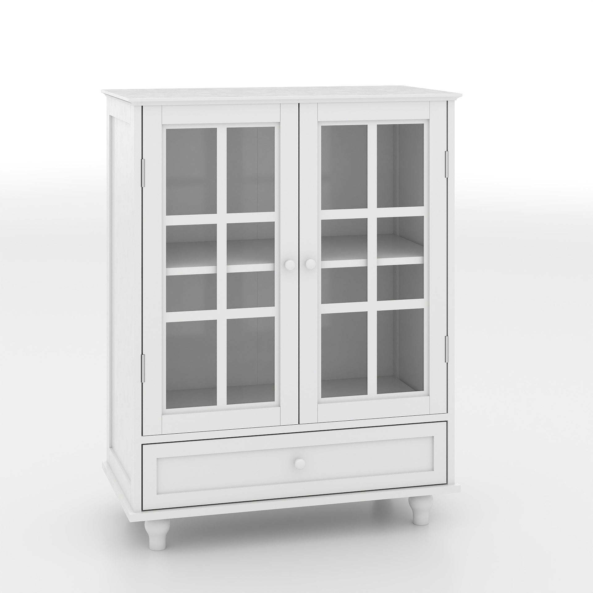 White minimalist buffet cabinet double glass doors — front view