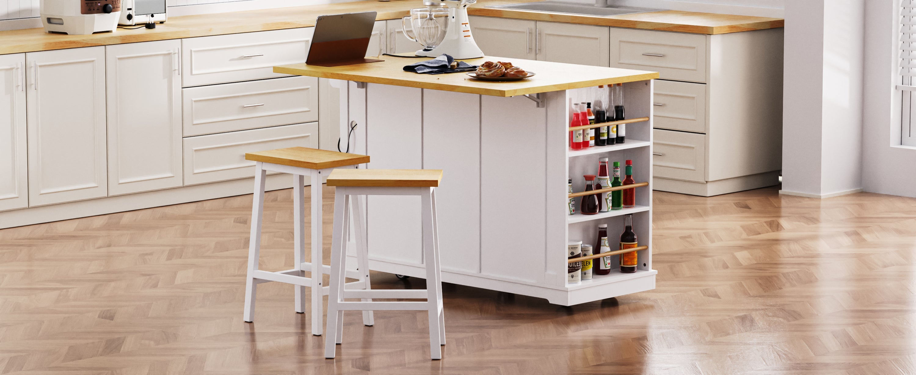 K&K 53inch Large Kitchen Island with Drop Leaf,Power Outlet,Door Internal Storage Rack,Rolling Kitchen Cart on 5 Wheels with 5 Open Side Racks for Kitchen,Black(Two Packages)(Stools not included)