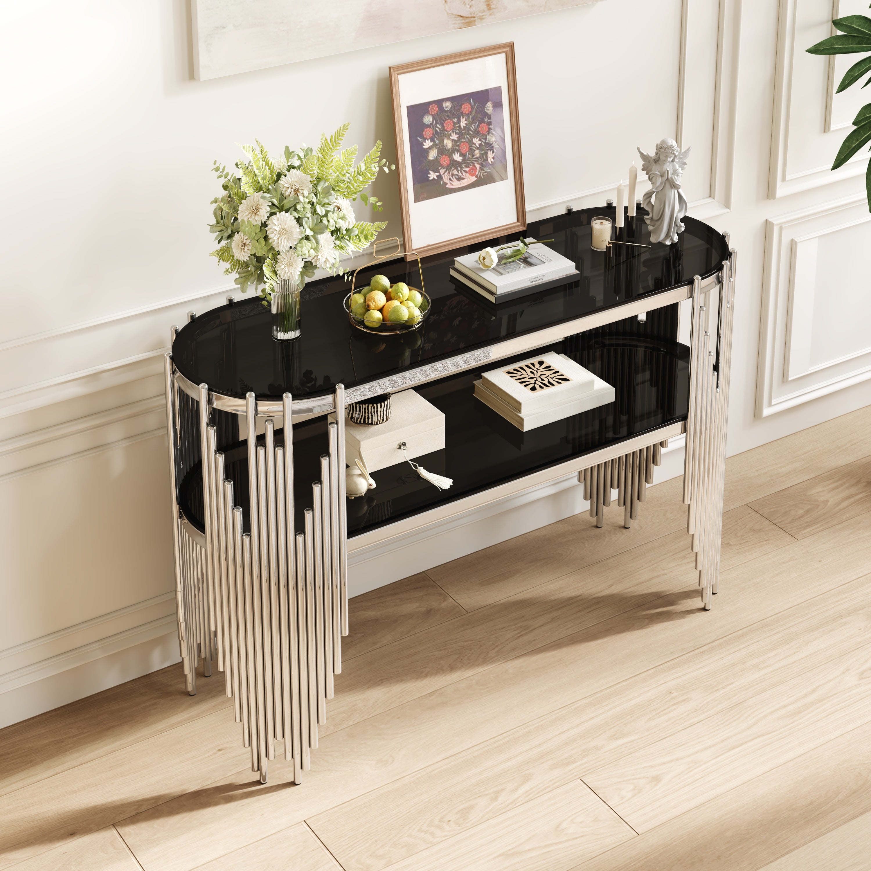 Modern oval entryway console table silver frame Art Deco base